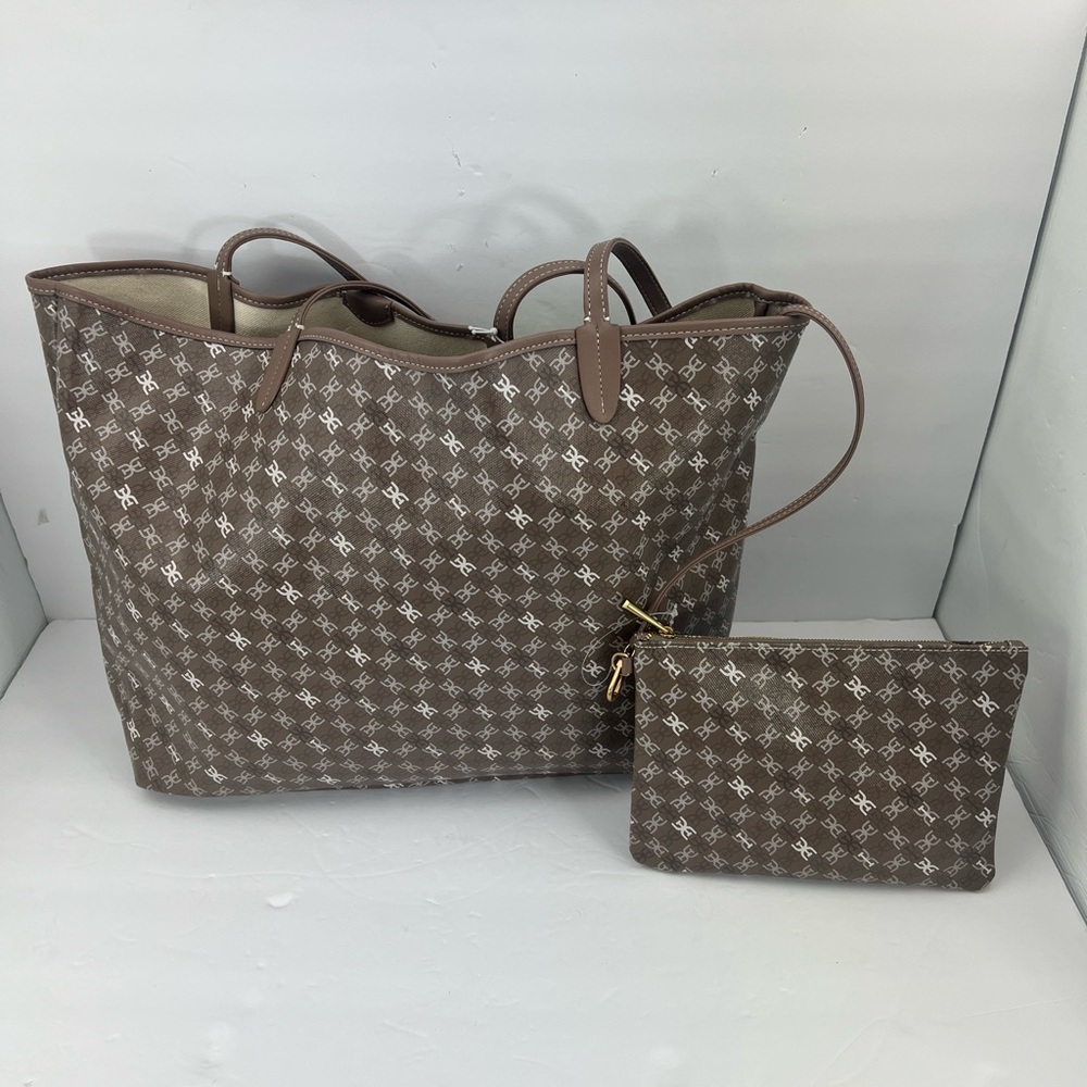 SAM EDELMAN HARPER MONOGRAM SHOPPER TOTE WITH SMALL POUCH, TAUPE COLOR - Picture 4 of 17